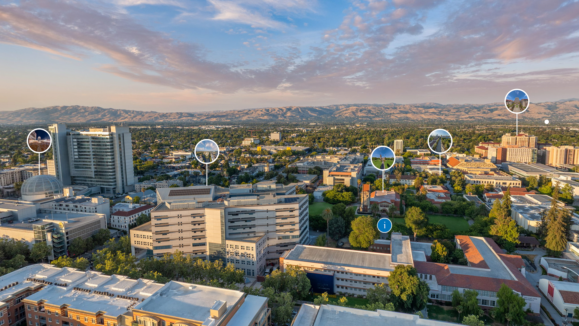 SJSU Virtual Tour Screenshot illustrating hotspots around campus
