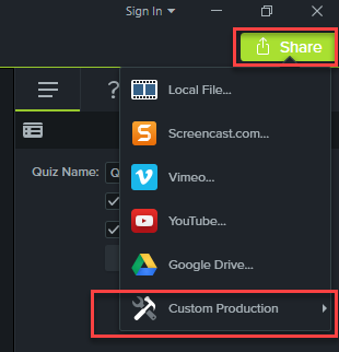 Share menu with Custom Production selected