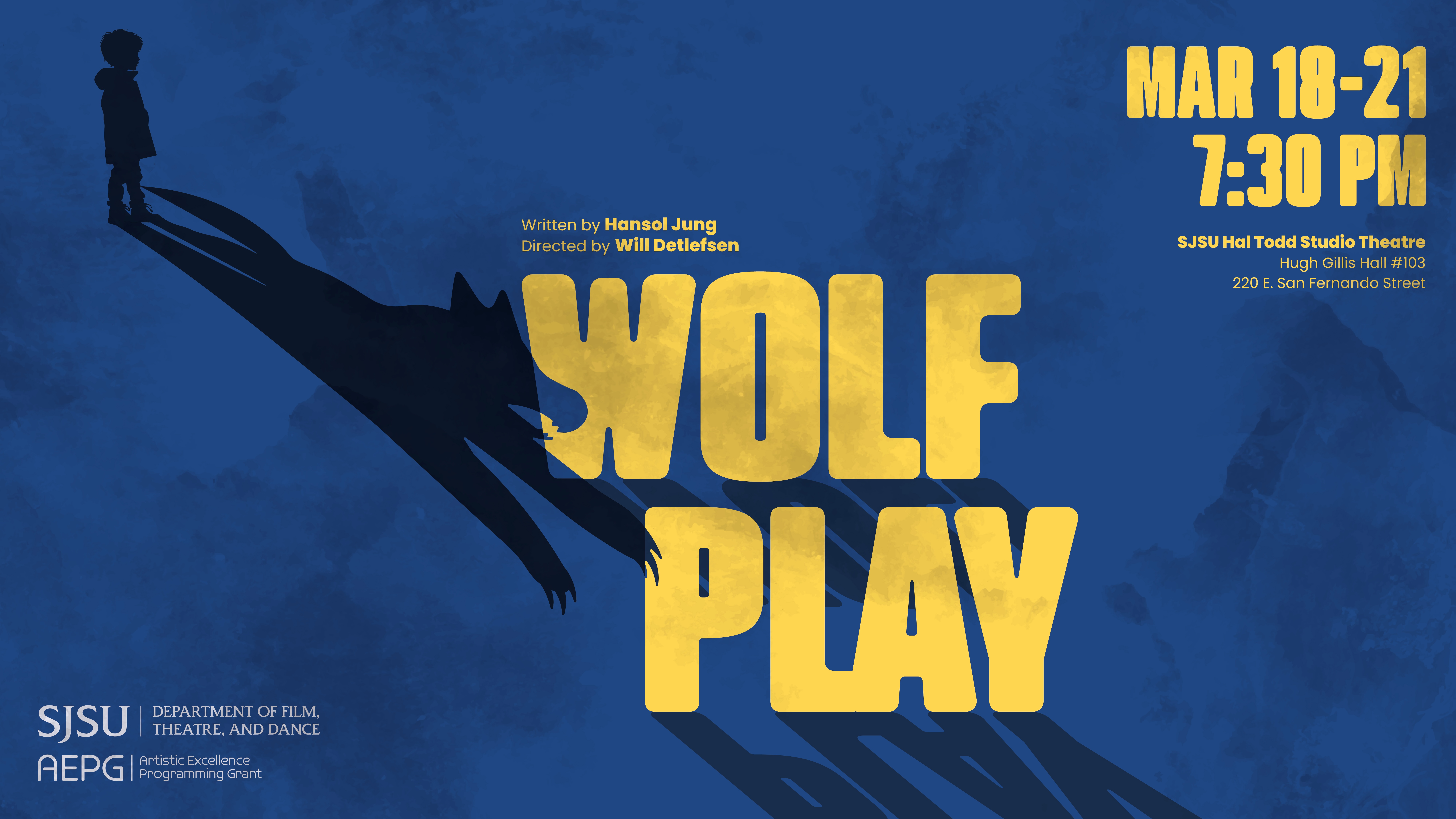 Wolf Play title card, depicting the sillhouette of a boy with his shadow extending into the shape of a wolf.