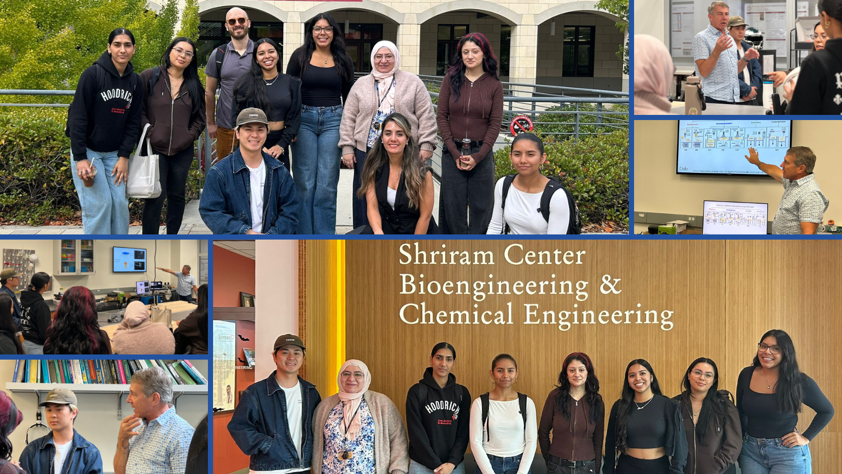 A photo collage of HonorsX students visiting the Additive Manufacturing and Prototyping Facility at Stanford University.