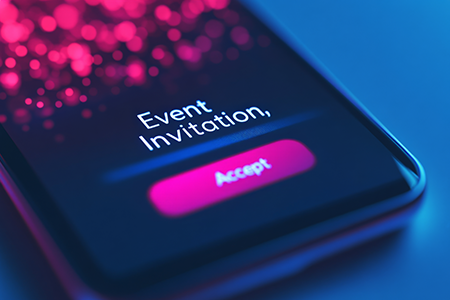 Mobile phone displays text, "Event Invitation" and "Accept" button