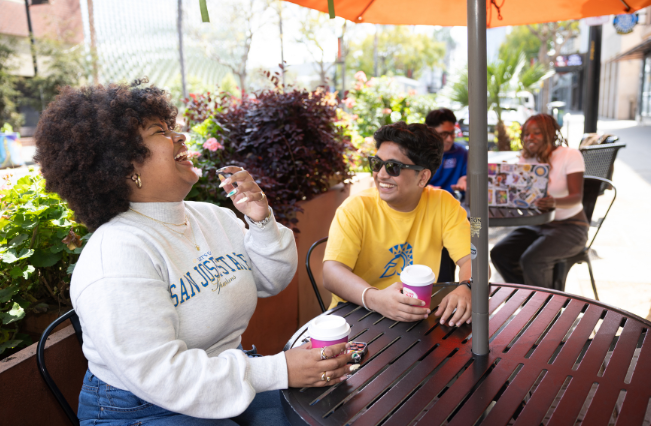 Students outdoor dining at a cafe.
